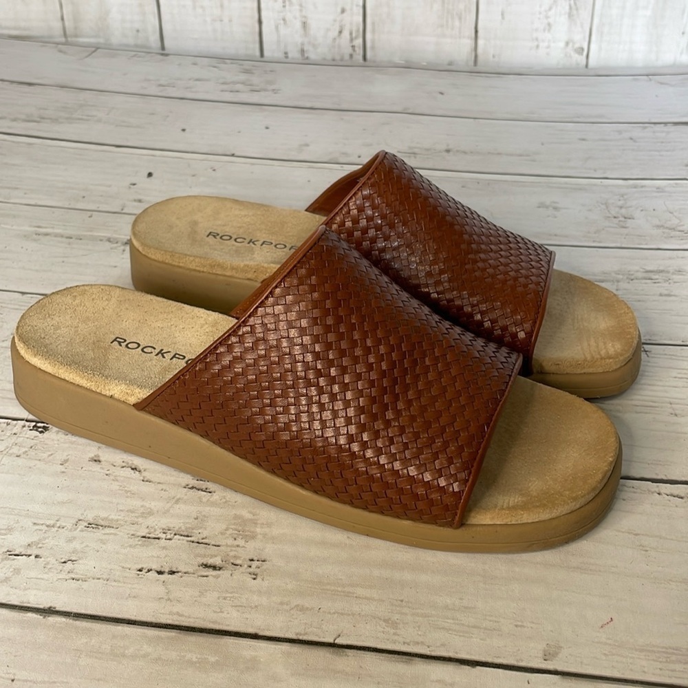 Rockport Brown Woven Ledge Wedge Slide Made in Brazil
